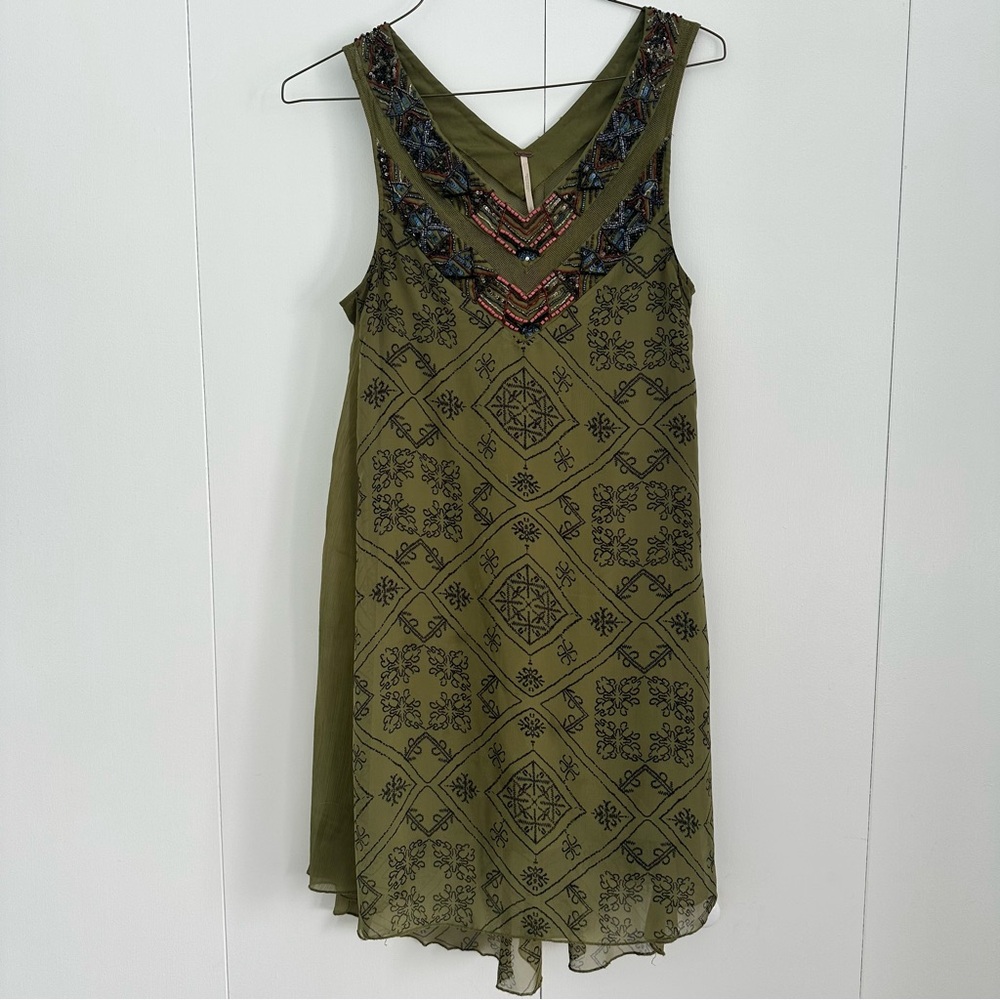 Free People Olive Green Embroidered Mini Dress